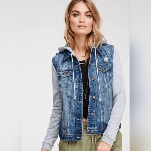 life in progress Blue Jean & Sweatshirt Fabric Distressed Hooded Jacket Small - Picture 1 of 8